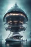 Placeholder: weird sharklike boat with supports flotillas to keep it stable, book cover pen illustration, portrait of captain on a misty catamaran dome modular house sub that looks like a dark twisted alien space ship with spotlights, in advanced hi tech dock, bokeh like f/0.8, tilt-shift lens 8k, high detail, smooth render, down-light, unreal engine, prize winning