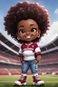 Placeholder: A sassy thick-lined airbrush cartoon image of a black chibi girl standing in front of a football stadium. She is wearing a University of South Carolina football jersey with tight white jeans and timberland boots. behind her curvy body. Looking up coyly, she grins widely, showing sharp teeth. Her poofy hair forms a mane framing her confident, regal expression. Prominent maekup with hazel eyes. Hair is highly detailed.