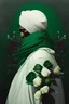 Placeholder: A man in the form of an imam turban does not show his face He wears a green robe A place surrounded by roses the place white