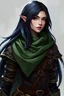 Placeholder: Female human bard, she has long black hair with blue and green highlights, dresses in leather armor with green scarf