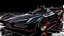 Placeholder: batmobile concept inspired from a 2025 ford mustang dark horse with a large elaborate spoiler and batman symbol style fins, batman symbol in grille, lower wind deflector. red stripes like 1960s adam west batmobile