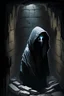 Placeholder: A girl wearing a black hoodie with a mask covering her face and looking down, her skin color is white. She is in an ancient basement made of stones, through which the moonlight enters, and around her are transparent spirits and ghosts, surrounding her in a very terrifying atmosphere.