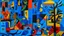 Placeholder: A dark blue chaotic realm with pixies painted by Stuart Davis