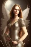 Placeholder: portrait lady angel with super bobs no top long white hairs shield in castle