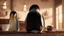 Placeholder: young woman talk to a penguin in coffee-shop