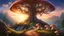 Placeholder: A dreamy landscape with mushrooms and a old, huge tree in the center. Fantasy roads of light going towards the tree. The sun is going down behind the tree. Mountains in the background. Digital Art, Masterpiece. Fantasy. Dream. Dreamy. Surreal.