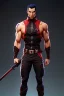 Placeholder: j.scott campbell, muscular ninja assassin, full head to toe portrait, athletic build, wearing black and red baggy pants with pockets, tan skin, big boots, two swords crossed behind back, dark hazel eyes, eyes are both in proportion and green, 3/4 look, 5 o'clock shadow, short brown hair, large arms and hands, standing, dark cobblestone alley, one halo white light behind head, non photorealistic rendering