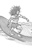 Placeholder: Outline art for coloring page OF A BUFF NATIVE SURFER WITH BIG CURLY KINKY HAIR WEARING SHORTS RIDING A SURFBOARD ON A WAVE; THE SURFER'S FACE IS COVERED BY HIS HAIR, coloring page, white background, Sketch style, only use outline, clean line art, white background, no shadows, no shading, no color, clear