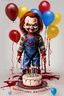 Placeholder: create me an photo realistic chucky doll celebrating his birthday lots of balloons and blood