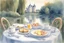 Placeholder: Brunch breakfast on an elegant table in the garden in the background, Castle on the Loire, lake, reflection, sunrise, Misty morning smooth intricate high definition beautiful lighting pencil sketch watercolor polished warm light