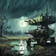 Placeholder: post-apocalyptic machine gun turrets, outside, rain, moonlight