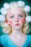 Placeholder: Young Madonna with white cotton candy hair , rosy cheeks, big blue eyes shinning, freckles, listening to music, autochrome,