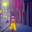 Placeholder: Beautiful lonely girl who walks along a street without people at dawn. You see her from behind. She wears very short yellow dress. She has short pink hair with glowing crystals. Full body, 8k resolution concept art. Professional Photo HD. Stylish. Warm vivid colors. Panoramic