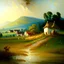 Placeholder: Landscape rural village oil painting on canvas Fried pastry impressionist William Turner