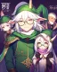 Placeholder: 15 year old boy who is a little short, 1.60m tall, wears a long green wizard's outfit, wears a green hat with small horns on it, wears circular glasses, is quite cute, has white hair, wears a pink scarf, her eyes are green and are a bit effeminate