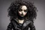 Placeholder: full color, illustration of a dark, menacing, curly haired, black leather clad motorcycle girl, tall and willowy , as a decayed, broken, crude homemade cloth doll toy, with a cracked porcelain face, thick dark eyebrows, hair made from ragged strips of cloth, in the style of Nadya Sheremet