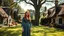 Placeholder: A red-haired, witchy woman standing in the centre of a village green, surrounded by thatched cottages, standing under a large tree. Bright, sunny day.