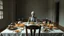 Placeholder: Bizarre dark surrealism, psychological thriller atmosphere. An impossible empty room with no windows and no doors. A single gaunt human-like figure with pale gray skin, an ordinary-sized head, large sunken lifeless eyes, and a tightly sewn-shut mouth with visible black thread stitches across the lips sits alone on one old wooden chair at a long dining table. The table is overflowing with untouched colorful food: roasted meats, pasta, pizza, soup, cakes, fruit, bread and wine. Everything except