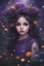 Placeholder: Painting of a beautiful Wednesday Addamsl, beautiful, haunted forest, flowers on her head, purple glitter dress, young girl, fantasy art, portrait, baby face, big eyes, bright eyes, dream, trees, blurry background, dark night, song, glitters background, fantasy, high quality, 8k