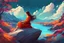 Placeholder: a fantasy digital art with vibrant and fantasy colors of a young woman sitting on a rock The art style is cartoon-like and the style of the young woman and elegant. She has long brown hair that flows in the wind, and her eyes are closed in concentration. Much like the iconic Lo-fi girl, Ensure that the image exudes a tranquil and relaxing ambiance, in the style of Lynn chen. Aesthetic, environmental, fantasy