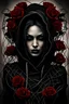 Placeholder: a beautiful and mysterious gothic woman entangled in wire and roses, hoody, dark and gothic lighting, ultra realistic and highly detailed, explosive background, epic, striking messy art style, cracked sealant surface and heavy textures , extremely beautiful