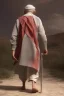 Placeholder: An old man wearing an Arabic keffiyeh, his back bent, walking barefoot, holding his cane upside down, looking back and holding his shoe in his hand.