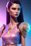 Placeholder: Athlethic Young woman, futuristic fantasy assassin character, portrait from waist up, intricate eyeliner, vibrant eyeshadow, clear completion, soft lighting, 4k resolution, intricate details, insanely detailed, white tank top, vibrant Japanese style tattoo sleeve, colorful cityscape background, masterpiece, expert, cinematic smooth, retroanime style, realistic details