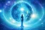 Placeholder: Immagine orizzontale elegante e spirituale per copertina evento Facebook. Sfondo cosmico blu scuro e turchese con stelle scintillanti, nebulose luminose e bokeh morbido. Al centro una figura umana stilizzata in silhouette luminosa che si dissolve nella luce, con la Terra (Pianeta Blu) sotto di lei. Atmosfera mistica, eterea e profonda. In alto grande testo elegante 'Acqua e il ritorno all’Origine'. Sotto in caratteri più piccoli: 'Venerdì 17 giugno ore 20:30'. Tono blu-turchese, luce dall'alto,