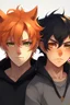 Placeholder: A young adult male human, one black cat ear, one orange cat ear, black and orange messy hair anime realistic