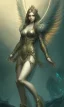 Placeholder: Female angel with beautiful face big wings and golden crown floating above the ground in the dark enviroment, michelangelo style, detailed, world of warcraft style, dark forest, trees, lightferry