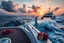 Placeholder: a big ship in oecieon in powerfull waves ,a beautiful sun set and dreamy clouds , young couple dancing on a modern boate deck next to ship and flowers flows from deck to water