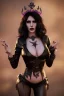 Placeholder: Morrigan Hel as evil queen in black leather gown, cleavage, angry, unreal 5, octane render,cinema4d, dynamic lighting, dramatic lighting, 4k, redshift render, highly detailed, hyper realistic