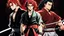 Placeholder: yujiro hanma vs yoriichi tsugukuni, baki vs kimetsu no yaiba, two mans standing in front of each other, a big strong man in black shirt with red hair facing a smaller swordsman with long hair in traditional japanese clothes