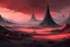 Placeholder: painting, landscape, artistic, illustration, artstation, black desert, black sand, bleak, pale red sky, large bustling camp, tall iron tower standing in the middle, tigtly packed leather tents, vereshagin style