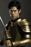 Placeholder: A handsome 30 year old man, black hair, male bob haircut, in black-and-gold plate armor, golden katana in both hands, no beard