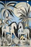 Placeholder: An acrylic painting, like modern art, includes horses in the style of Picasso and Kandinsky, and combines line drawing with modern art. It includes a sky in which the star Sirius and a palm tree appear, and its colors are abstract in shades of grey, beige and black.