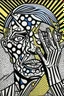 Placeholder: tribal man in grief with hands on face crazy shapes pencil draw style of roy lichtenstein