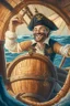 Placeholder: a cheerful sailor sitting on rum barrels aboard a sailing ship at sea, with the ship's steering wheel in the background