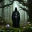 Placeholder: the Grim Reaper wearing black robe and hood, standing in a beautiful forest and surrounded by woodland animals, flowers, 8k resolution, high-quality, fine-detail, iridescent, intricate, digital art, detailed matte, volumetric lighting, beautiful, illustration, 3D octane render, margaret weiss, brian froud, howard lyon, selina french, anna dittmann, annie stokes, lisa parker, greg rutowski,