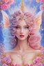 Placeholder: Magnifique woman, lady fairy, facing happy, voluptuous white, pink enchanted flowers, wings magic, long big dress, pink outerspace stars planets, Beautyful smiling, young woman, long hair amazing blue eyes, flowers, happy cosmic, bright colors, blue, pink, gold, jewels, realistic, photo real, clear sunny background, highly detailed, high contrast, 8k high definition, unreal engine 5, extremely sharp detail, light effect, sunny light background