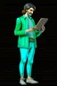 Placeholder: Modern guy, 20s, holding ipad, hand lower, looks like a renaissance painting, facing forward, full body, persian green, right hand pointing down.