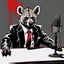 Placeholder: Hyena in a suit and tie, as an announcer sitting at the transmission table with a microphone presenting a newscast. Banksy cómic style. Ultra quality. White, red and Black colors