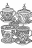 Placeholder: Outline art for coloring page, FULL PAGE 3 TEACUPS GROOVY DESIGN, coloring page, white background, Sketch style, only use outline, clean line art, white background, no shadows, no shading, no color, clear