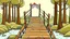 Placeholder: Cartoon style: t the end of the bridge, there is one tiny wooden house with red roof