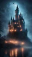 Placeholder: Hyper realistic huge haunted castle in a heavy foggy night with fireflies between an ocean