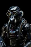 Placeholder: realistic cyberpunk style geometric robot gorilla wearing rectangular goggles and a high tech cybersuit with various wires lights and doodads made of reflective black plastic rusted metal and discarded electronic parts looking up into the sky in harsh high contrast lighting from the top