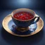 Placeholder: A midnight blue teacup with a gold rim and small red florets on a plate. Illustrative art, art interpretation, concept art, cgsociety contest winner, seasonal art, seasonal art HD, 4k, 8k, intricate, detailed, intricately detailed, luminous, translucent fantasy crystal, holographic data, soft body, shadow play, light, fog, atmospheric, cinematic, light film, hyper-detailed, hyper-realistic, masterpiece, atmospheric, high resolution, 8k, HDR, 500px, mysterious and artistic digital art, phototic,