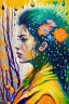 Placeholder: acrylic portrait of a woman, lush hair, rain, flowers, umbrella, autumn, paint blots, splashes, tears, plants, yellow, blue, green, orange colors