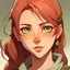 Placeholder: Young woman with auburn hair in a low ponytail, amber eyes, olive skin tone, anime style, front facing, looking into the camera,