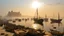 Placeholder: Qaitbay Citadel in Alexandria, fishermen’s boats anchored around it, fishermen putting fishing nets on their boats, fog covering the place, the moment the sun rises